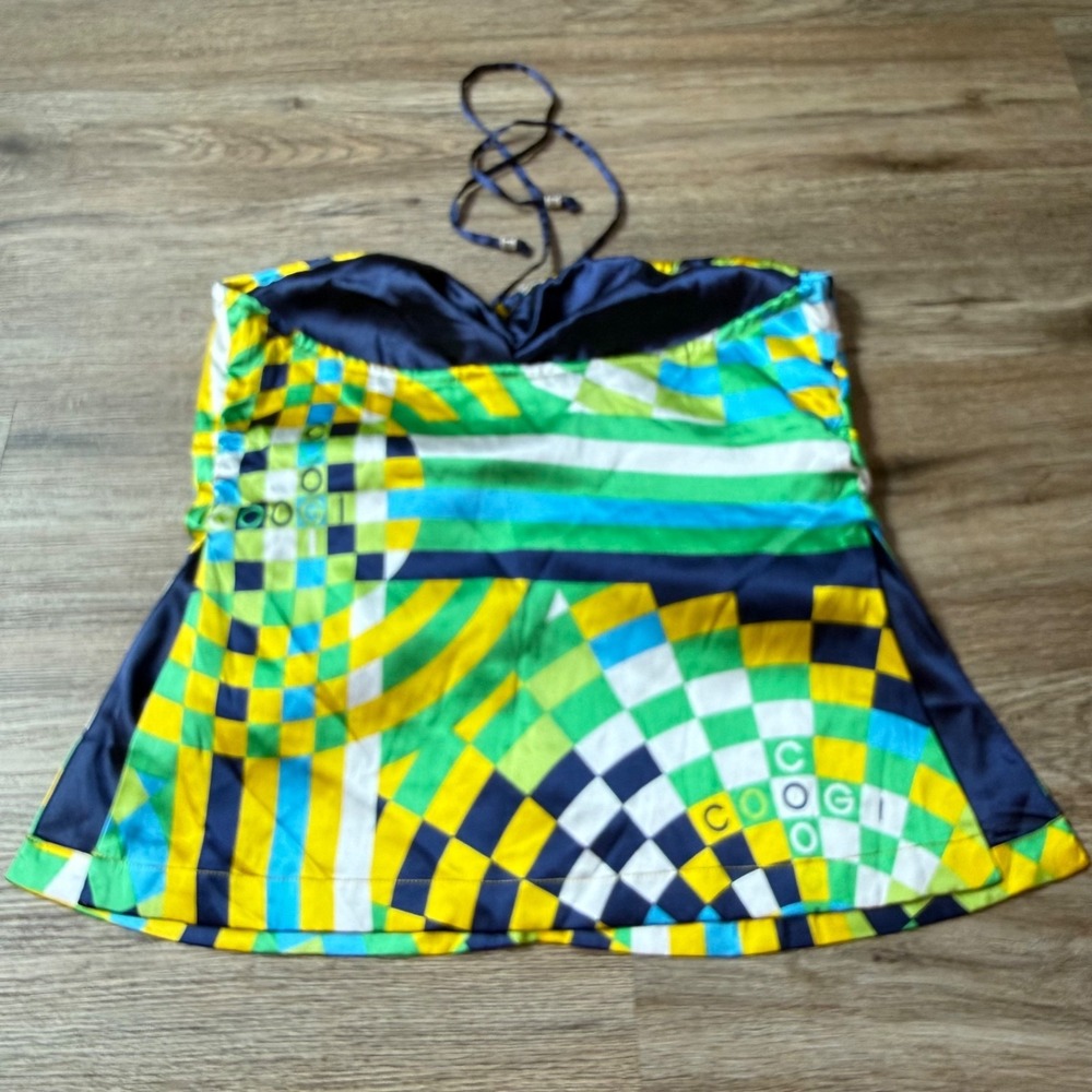 Coogi Halter Top Silk Geometric Pop Art Y2K Stretch | Womens Size Large - Picture 8 of 8